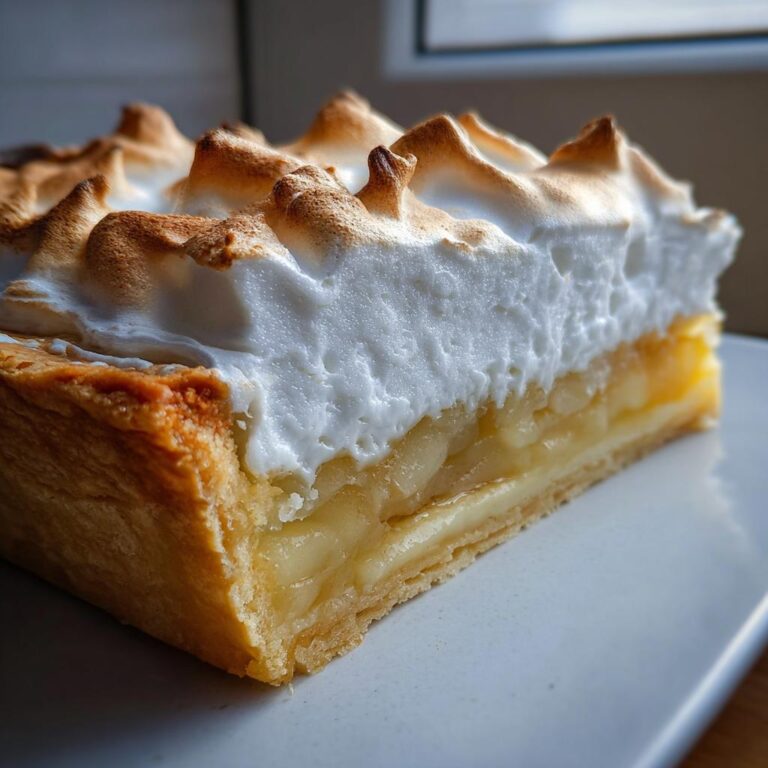 Nahaufnahme eines Stücks Nach diesem Apfel-Baiser-Torte mit goldbraun gebackener Baiserhaube und Apfelfüllung.