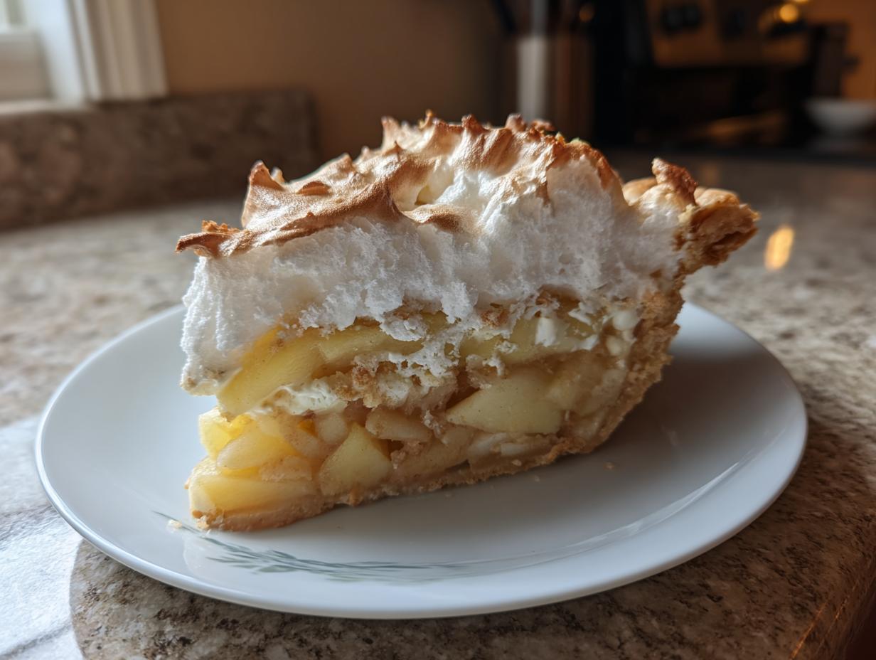 Ein großes Stück Nach diesem Apfel-Baiser-Torte mit dicker, goldbraun gebackener Baiserhaube auf einem weißen Teller.