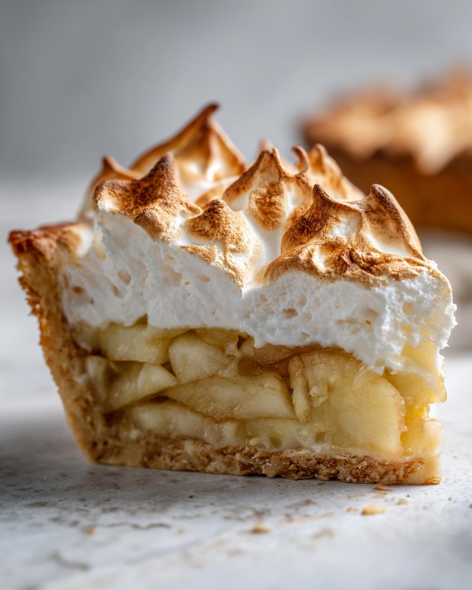 Nahaufnahme eines Stücks Nach diesem Apfel-Baiser-Torte mit karamellisiertem Baiser und Apfelfüllung.