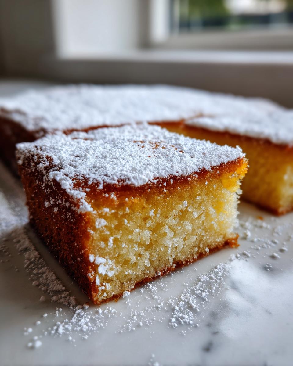 Nahaufnahme eines saftigen Stücks Fantakuchen vom Blech, bestäubt mit reichlich Puderzucker.