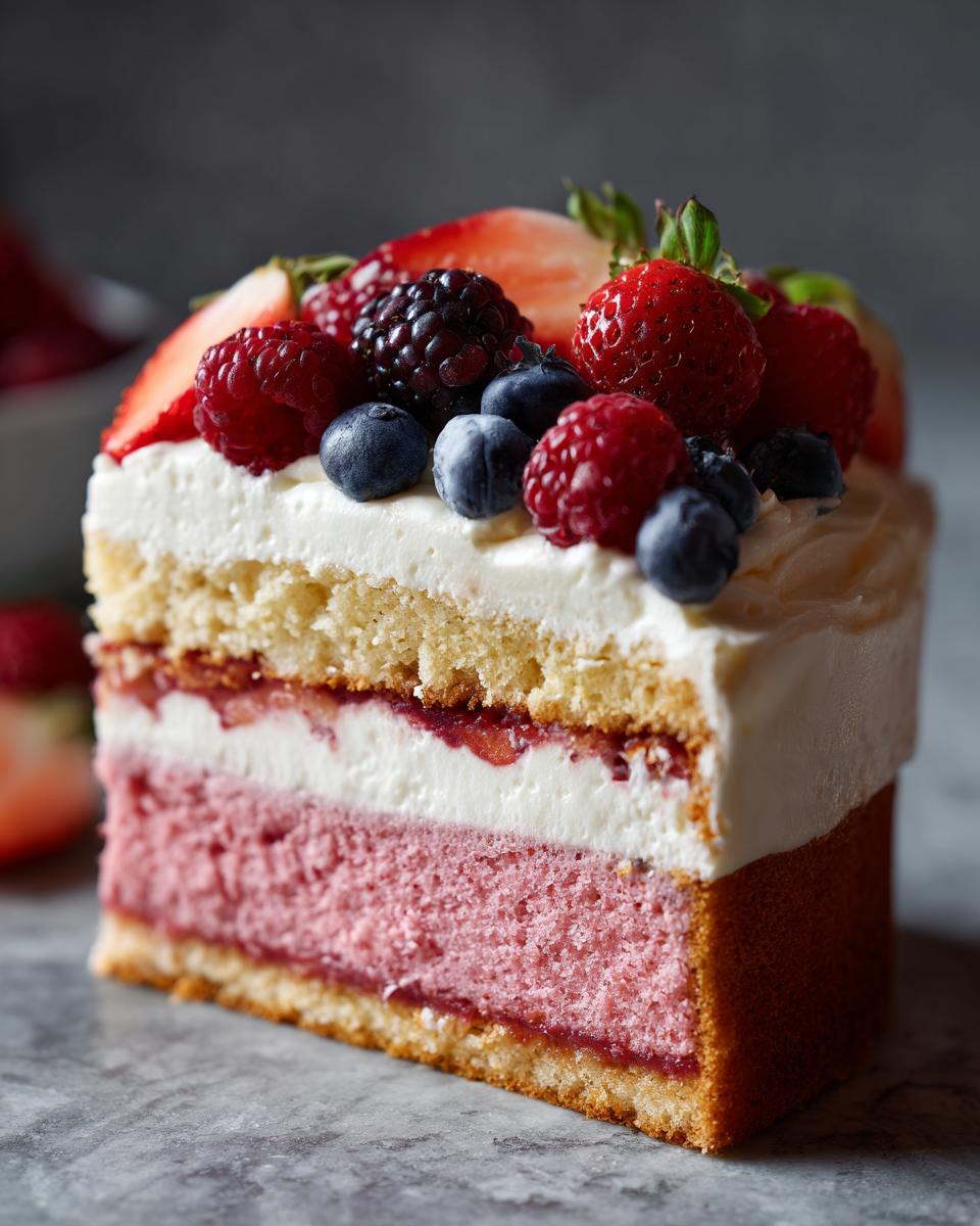 Nahaufnahme eines Stücks Flamingo-Torte mit Schichten aus hellem Biskuit, rosa Füllung und Sahne, garniert mit Erdbeeren, Himbeeren und Blaubeeren.