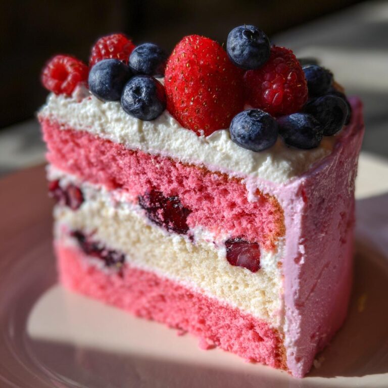 Nahaufnahme eines Stücks leuchtend rosa Flamingo-Torte mit Schichten aus hellem Biskuit und Sahne, belegt mit Erdbeeren, Blaubeeren und Himbeeren.