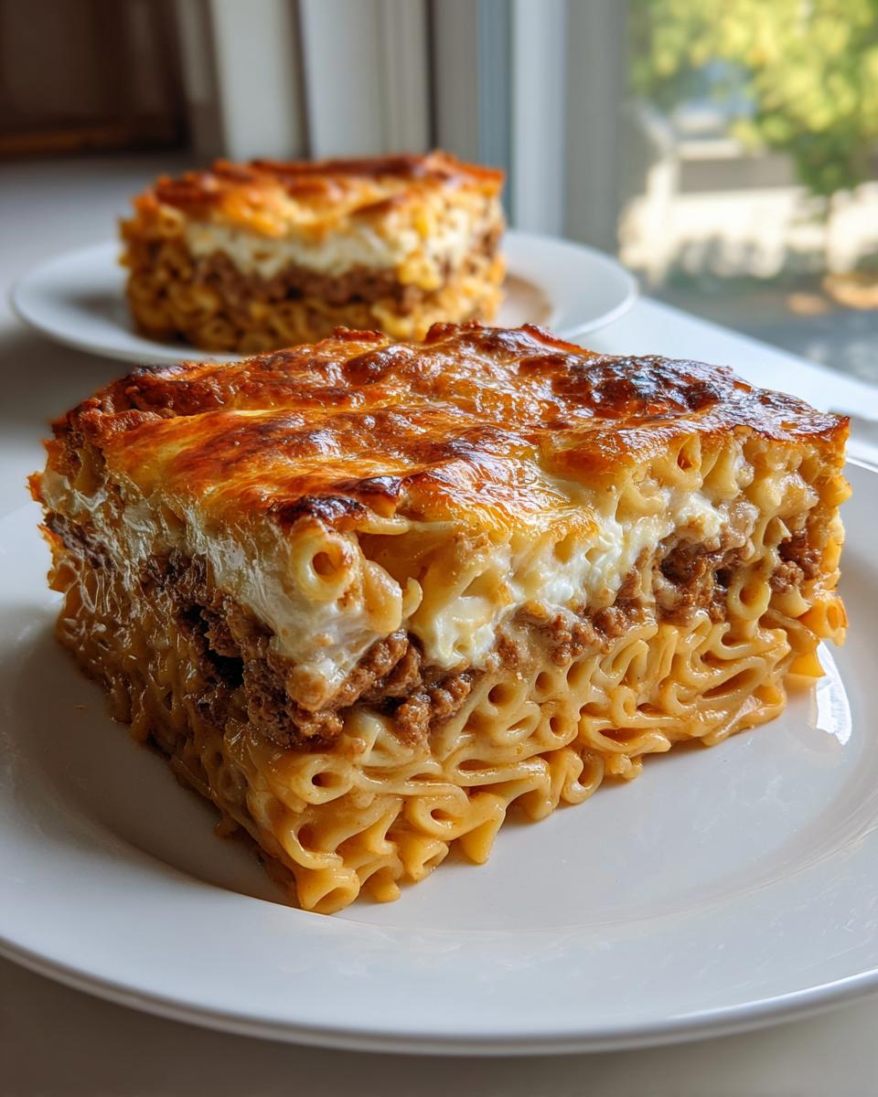 Nahaufnahme eines großen Stücks Griechischer Nudelauflauf mit Hackfleisch und cremiger Béchamelschicht unter goldbrauner Käsekruste.