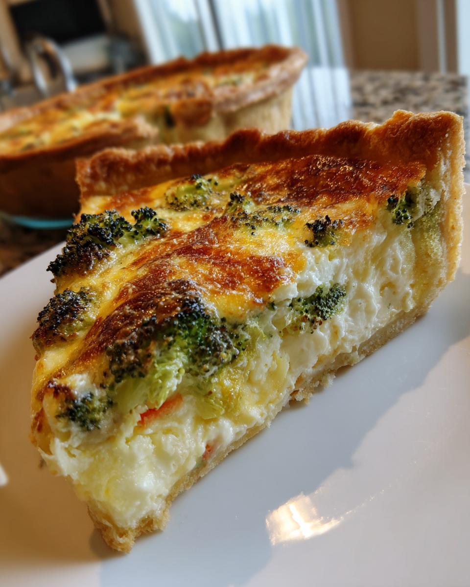 Nahaufnahme eines Stücks Schnelle Gemüse-Quiche mit goldbrauner Kruste, cremigem Inneren und Brokkoliröschen.