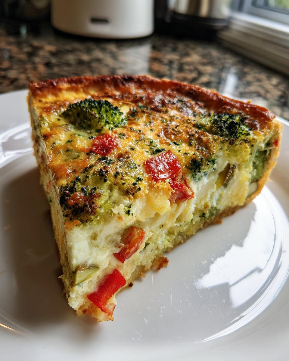 Nahaufnahme eines cremigen Stücks Schnelle Gemüse-Quiche mit sichtbaren Brokkoli-Röschen und roten Paprikastücken auf einem weißen Teller.