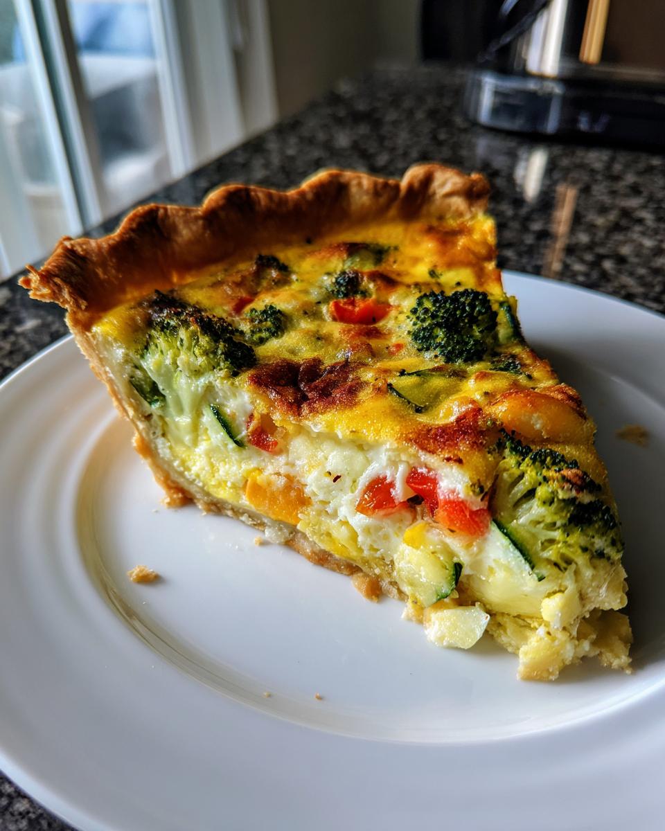 Nahaufnahme eines Stücks Schnelle Gemüse-Quiche mit sichtbaren Brokkoliröschen und bunten Paprikastücken auf einem weißen Teller.