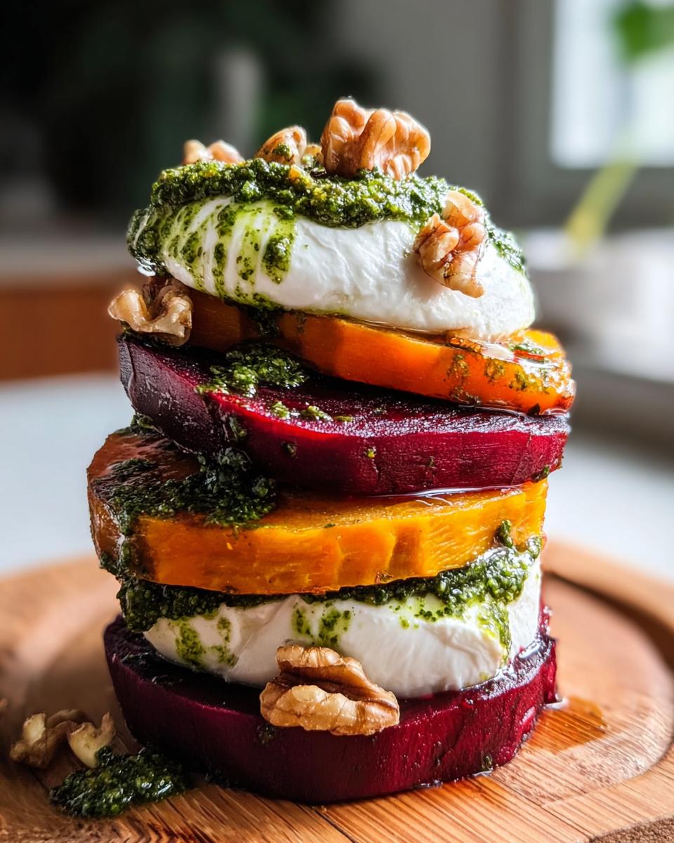 Ein gestapeltes Türmchen aus Süßkartoffel-, Rote-Bete-Scheiben, Burrata, Pesto und Walnüssen: Süßkartoffel-Rote-Bete-Türmchen.