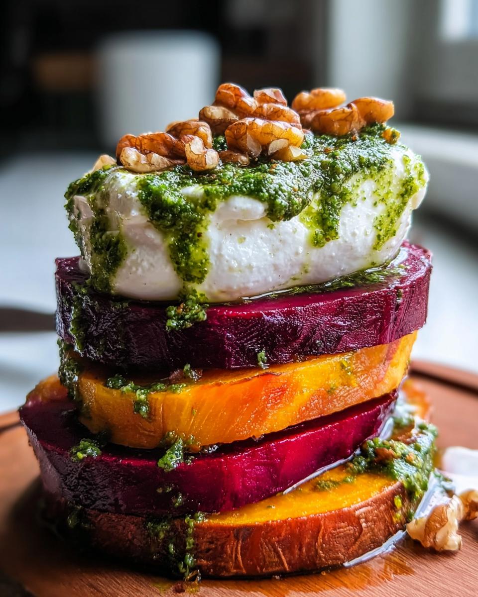 Ein gestapeltes Türmchen aus Süßkartoffel-, Rote-Bete-Scheiben mit Burrata, Pesto und Walnüssen.