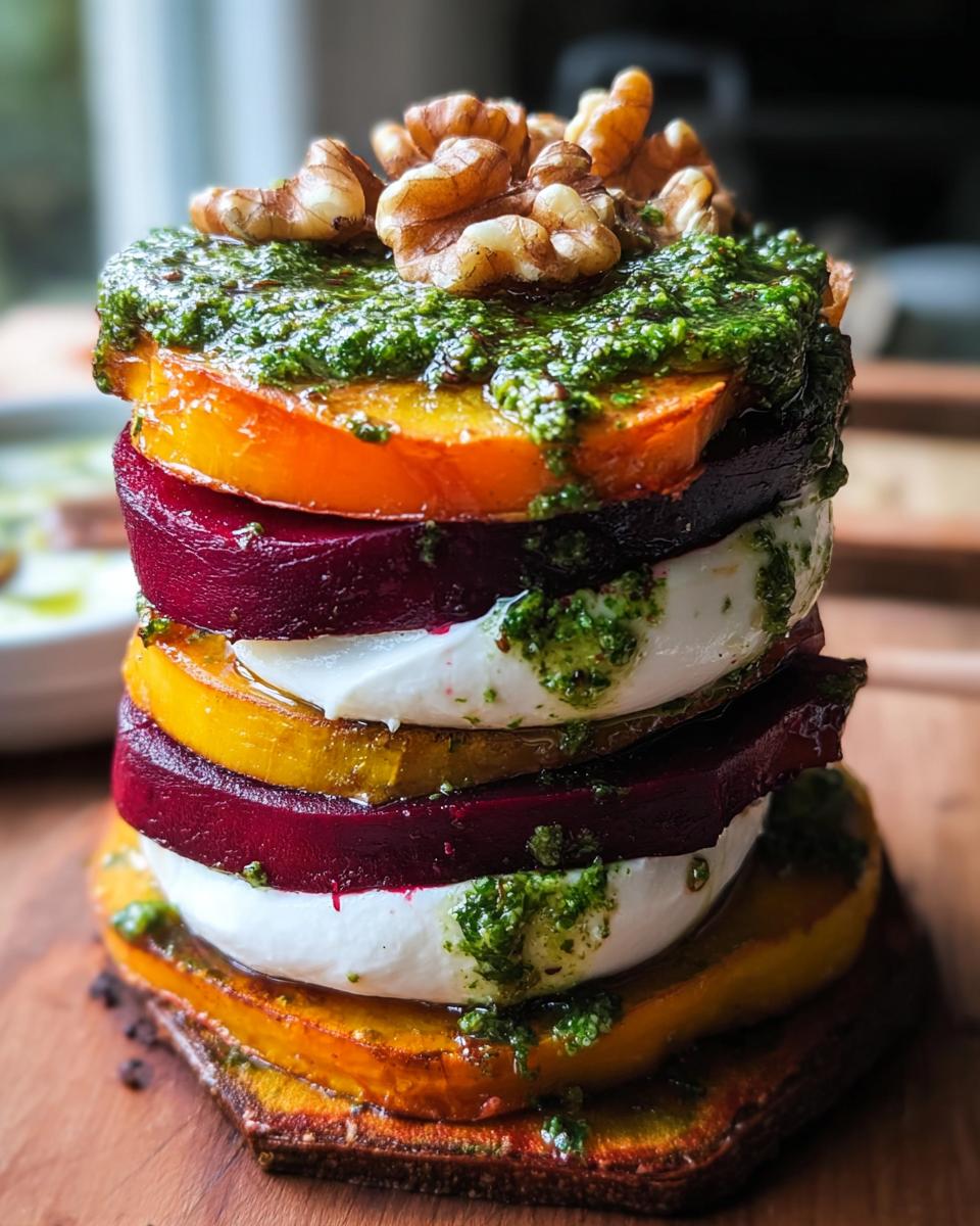 Ein gestapeltes Türmchen aus Süßkartoffel, Roter Bete, Burrata, Pesto und Walnüssen – das Süßkartoffel-Rote-Bete-Türmchen.