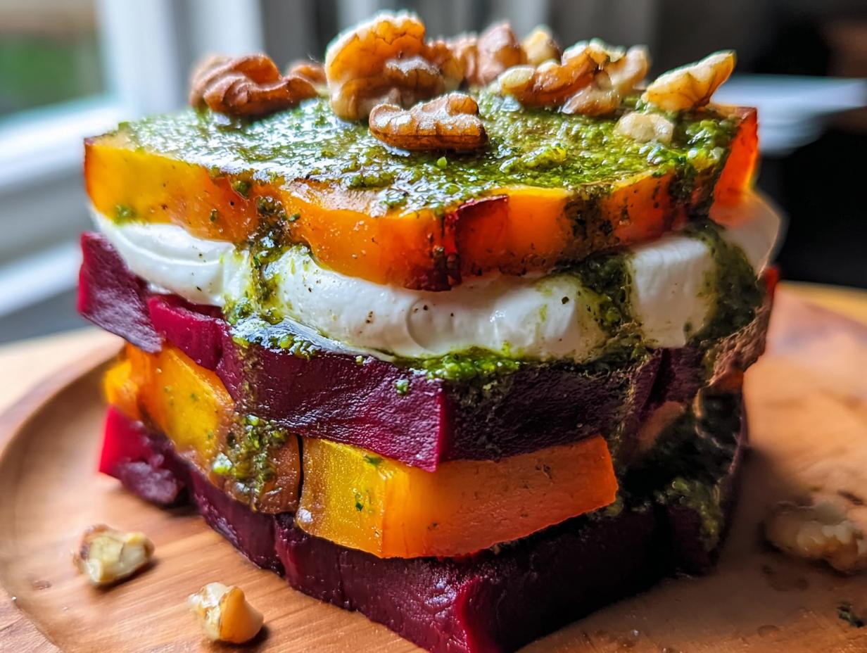 Nahaufnahme eines gestapelten Süßkartoffel-Rote-Bete-Türmchens mit Pesto, Burrata und Walnüssen.
