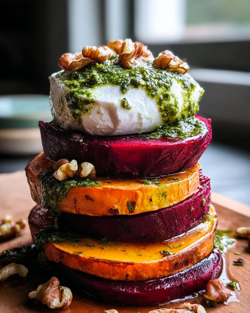 Stapel von Süßkartoffel-Rote-Bete-Türmchen, belegt mit Burrata, Pesto und Walnüssen.