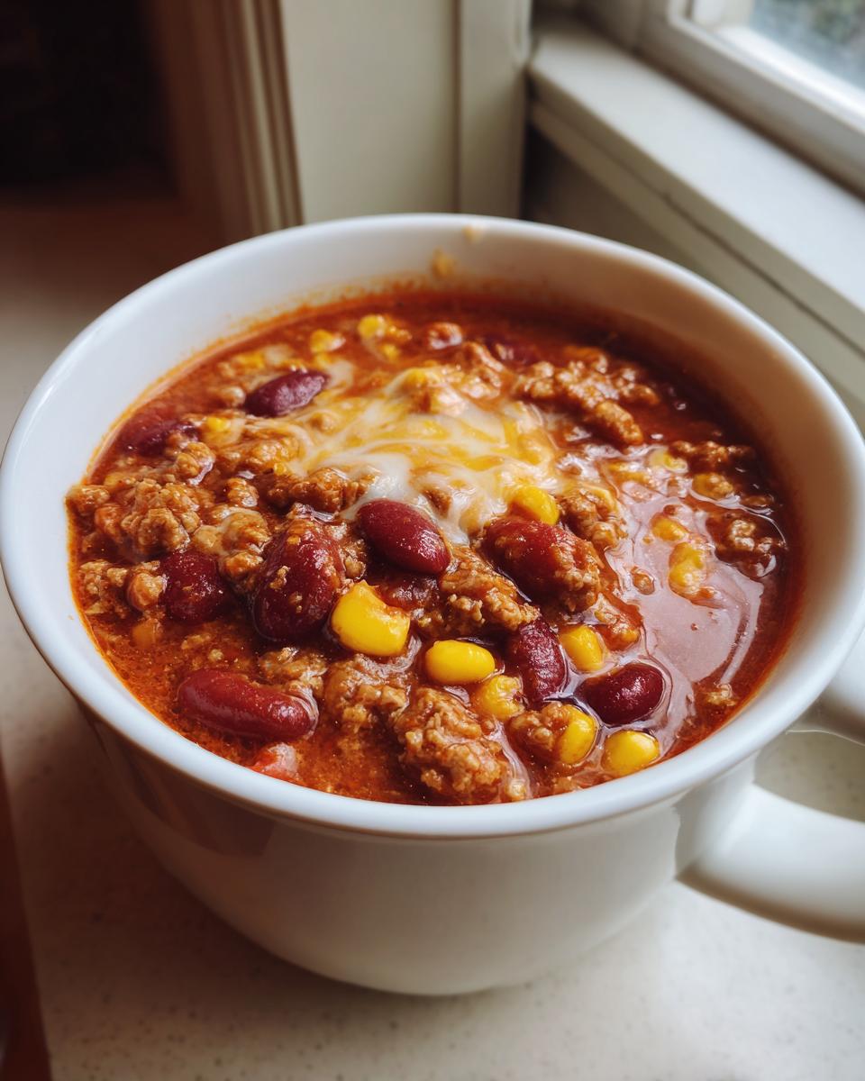 Nahaufnahme einer dampfenden Schüssel Taco-Suppe mit Hackfleisch, roten Bohnen, Mais und geschmolzenem Käse.