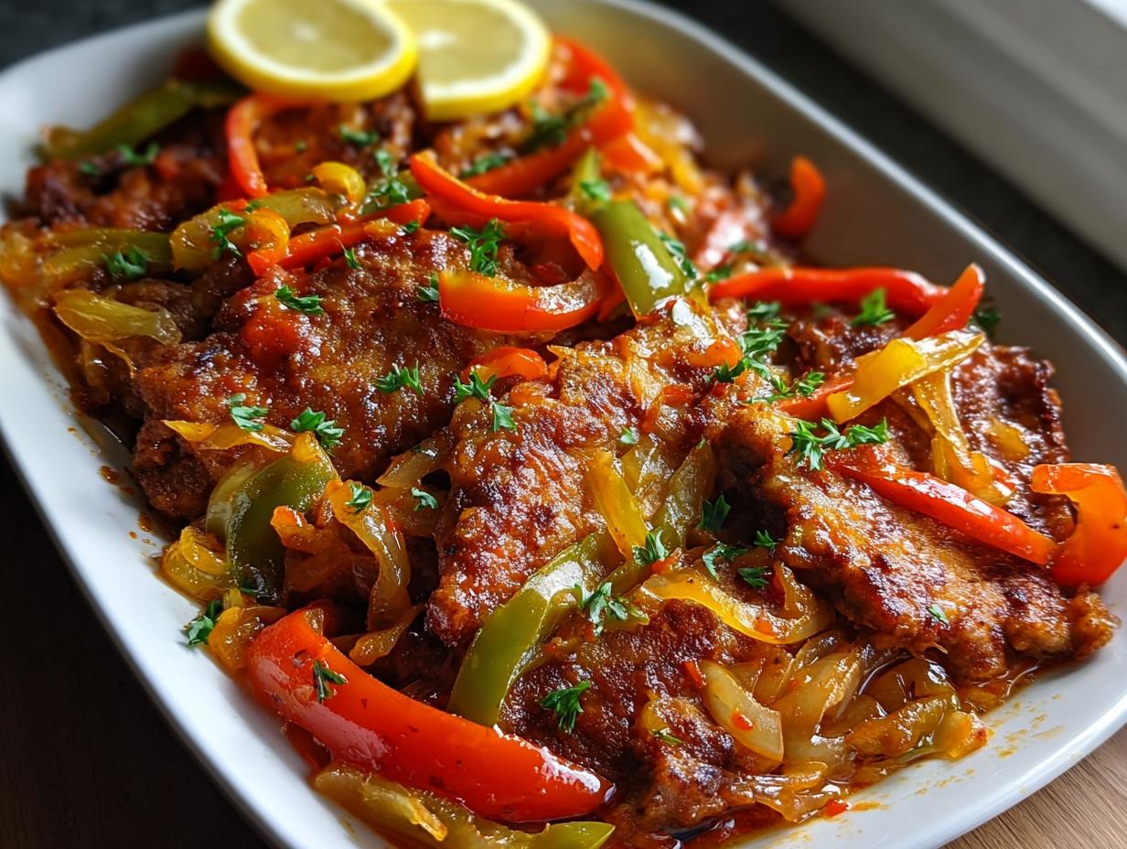 Nahaufnahme von saftigem Teufelsfleisch, bedeckt mit einer würzigen Sauce, bunten Paprikastreifen und Zwiebeln.