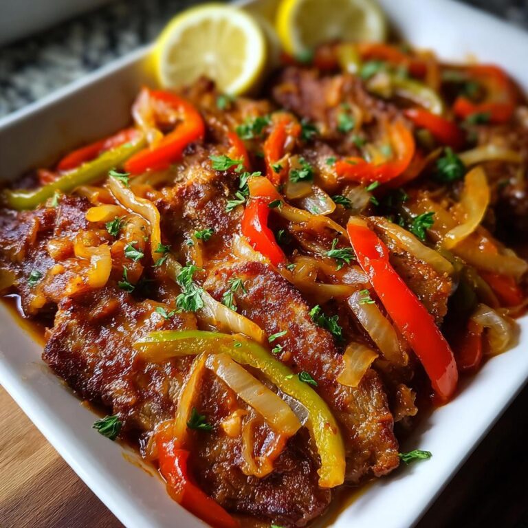 Nahaufnahme von scharfem Teufelsfleisch, bedeckt mit gebratenen Zwiebeln und bunten Paprikastreifen.