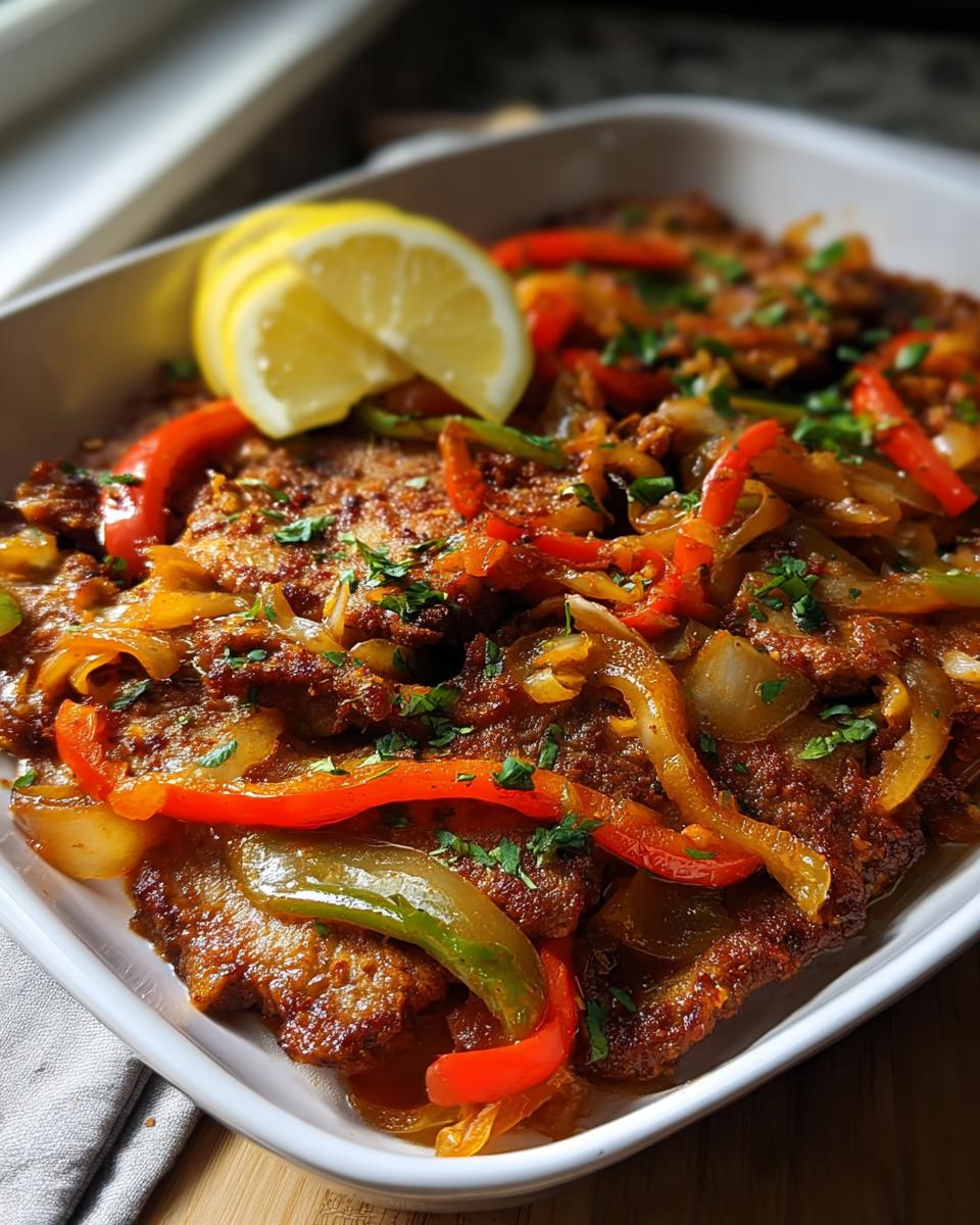 Nahaufnahme von würzigem Teufelsfleisch mit gebratenen Zwiebeln, roten und grünen Paprikastreifen und einer Zitronenspalte.