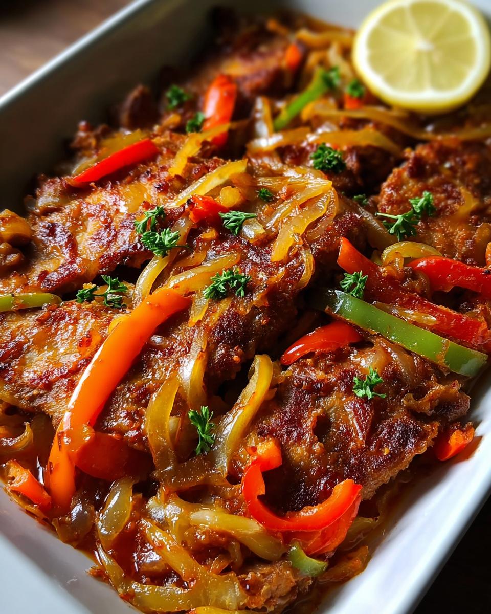 Nahaufnahme von scharfem Teufelsfleisch, bedeckt mit karamellisierten Zwiebeln und bunten Paprikastreifen.