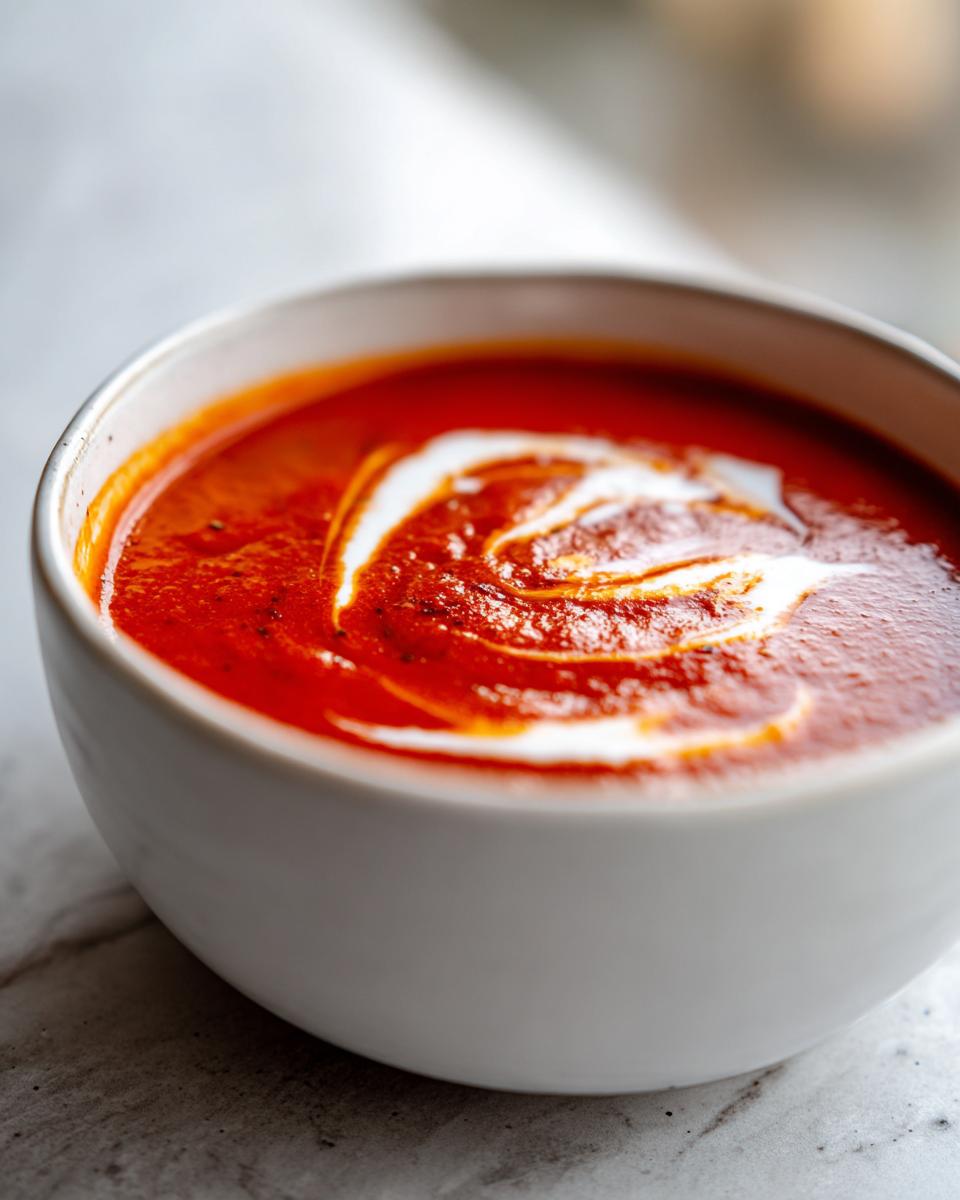 Nahaufnahme einer leuchtend roten Tomatensuppe mit einem Wirbel aus Sahne, die Schmecken bombastisch wird.