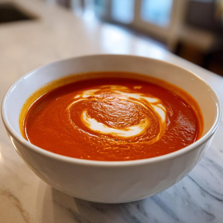 Eine Schüssel leuchtend oranger Tomatensuppe mit einem Wirbel aus Sahne, die Schmecken bombastisch.