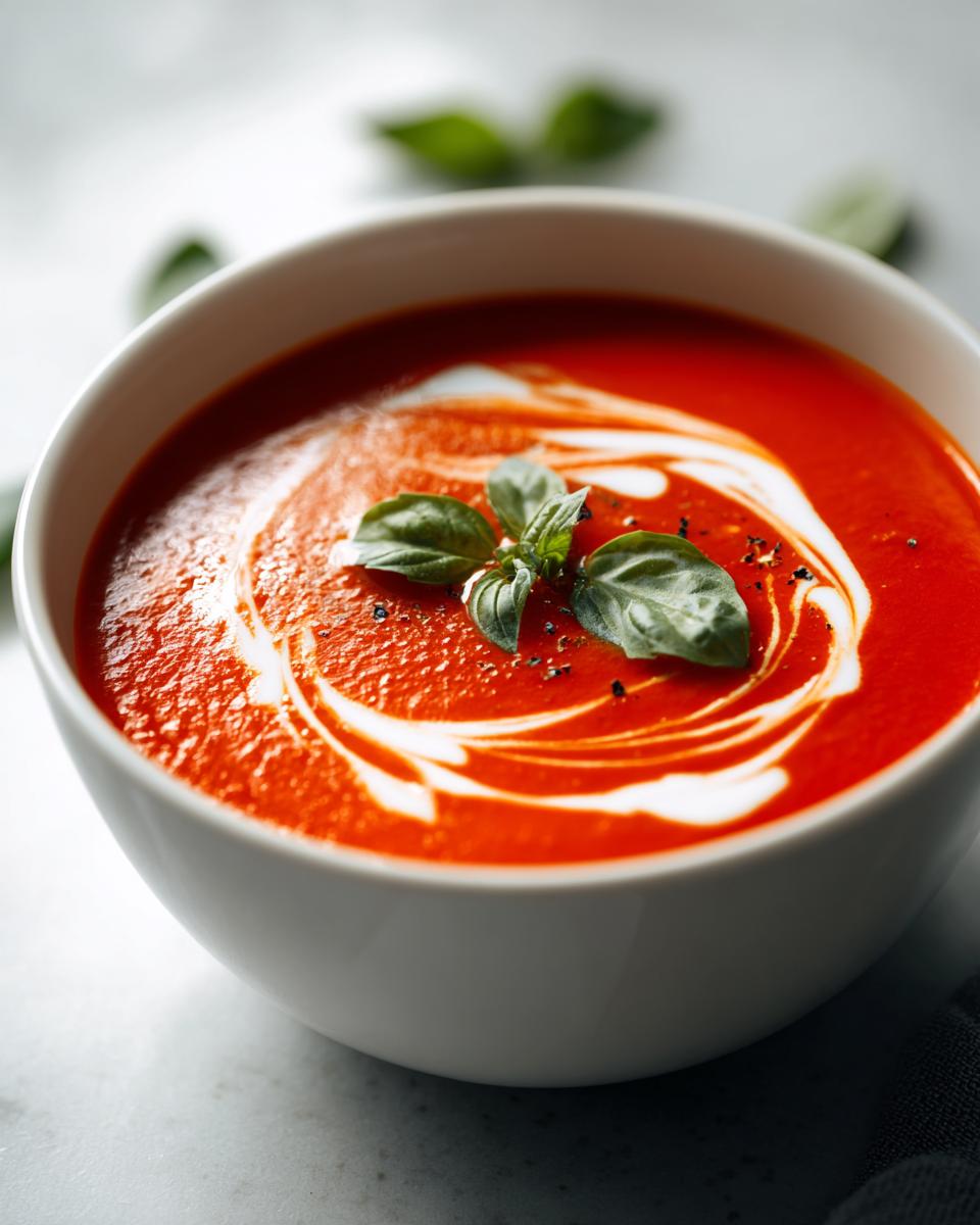 Nahaufnahme einer leuchtend roten Tomatensuppe mit Sahnewirbel und Basilikum, die Schmecken bombastisch muss.
