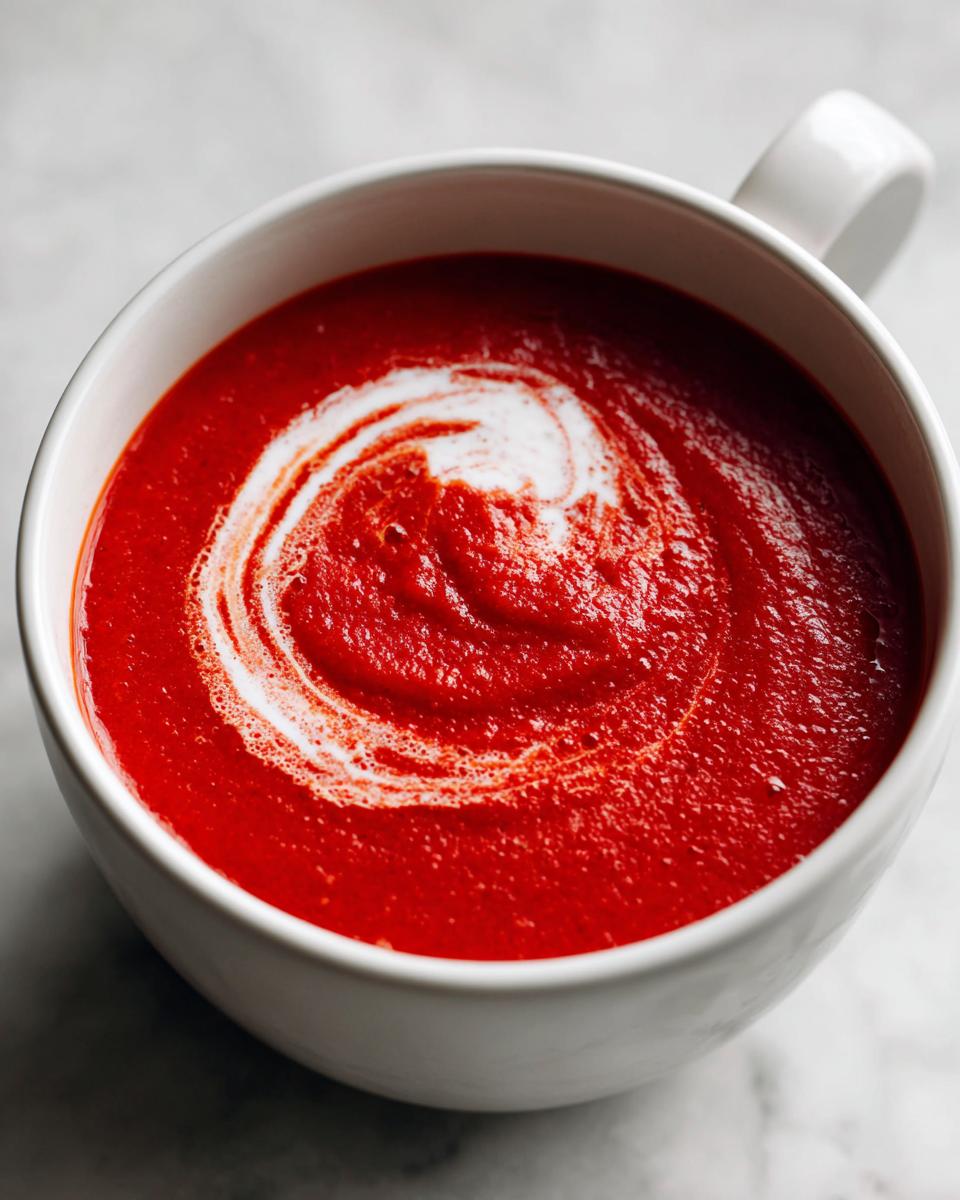 Nahaufnahme einer leuchtend roten Tomatensuppe mit einem Wirbel aus Sahne in einer weißen Tasse, die Schmecken bombastisch aussieht.