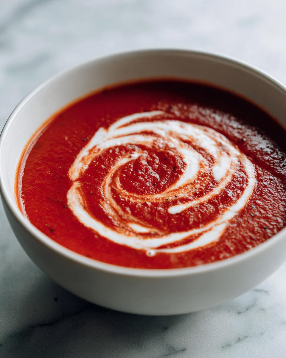 Nahaufnahme einer leuchtend roten Tomatensuppe mit einem dekorativen Wirbel aus Sahne, die zeigt, wie sie Schmecken bombastisch kann.