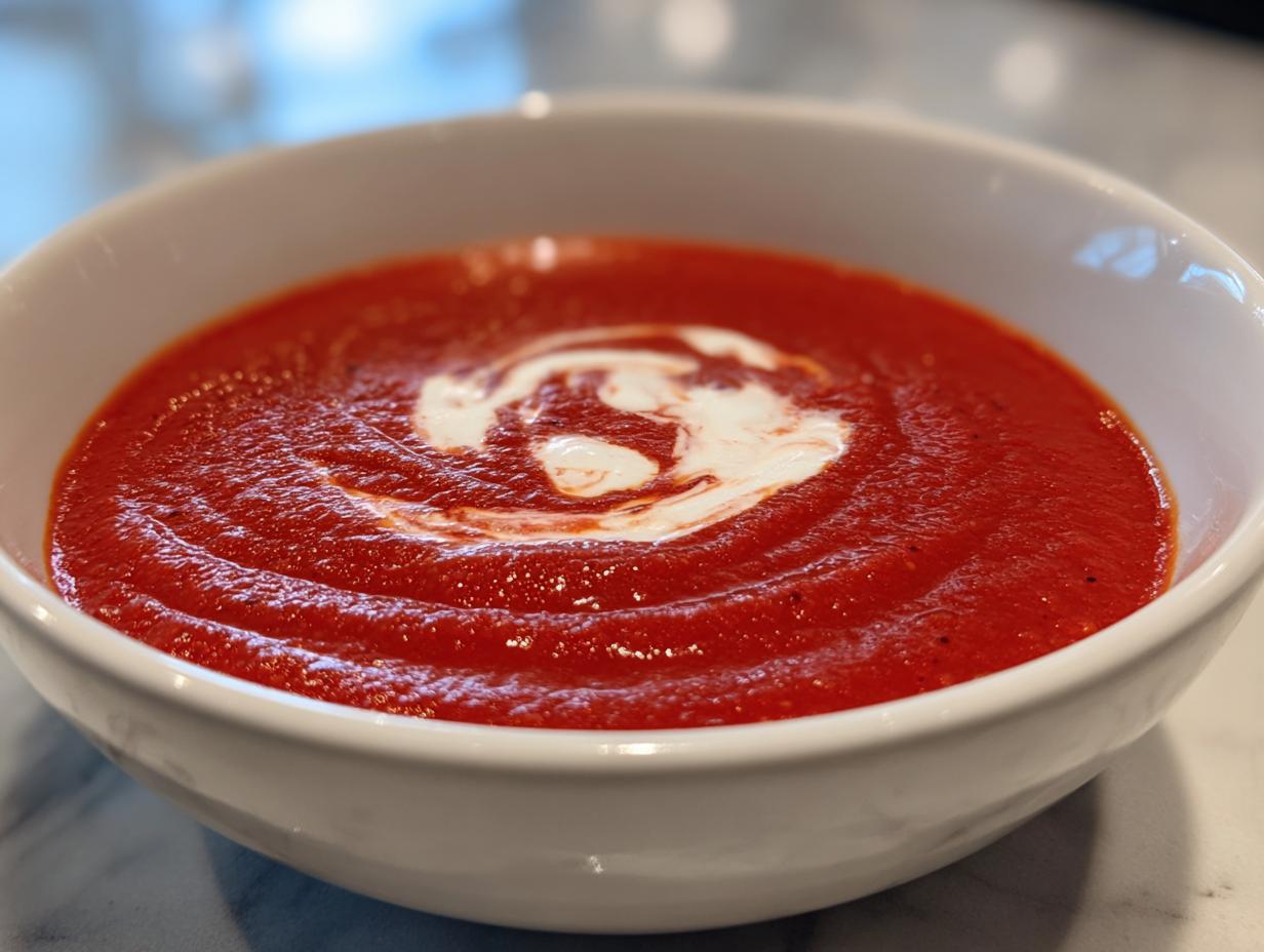 Nahaufnahme einer leuchtend roten Tomatensuppe mit einem Wirbel Sahne, die zeigt, wie sie Schmecken bombastisch kann.