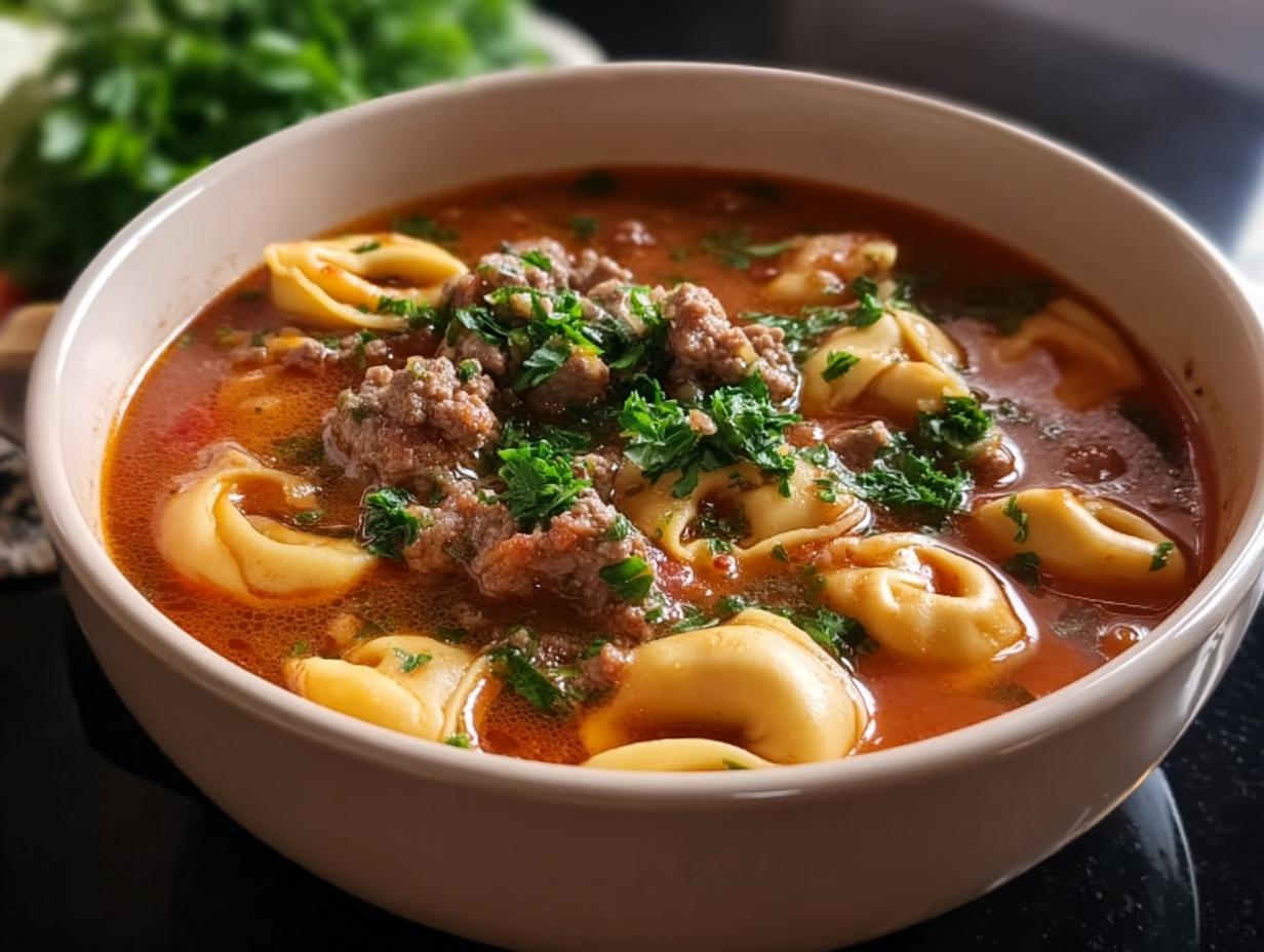 Nahaufnahme einer Schüssel Tortellini Suppe mit Hackfleisch und frischer Petersilie.