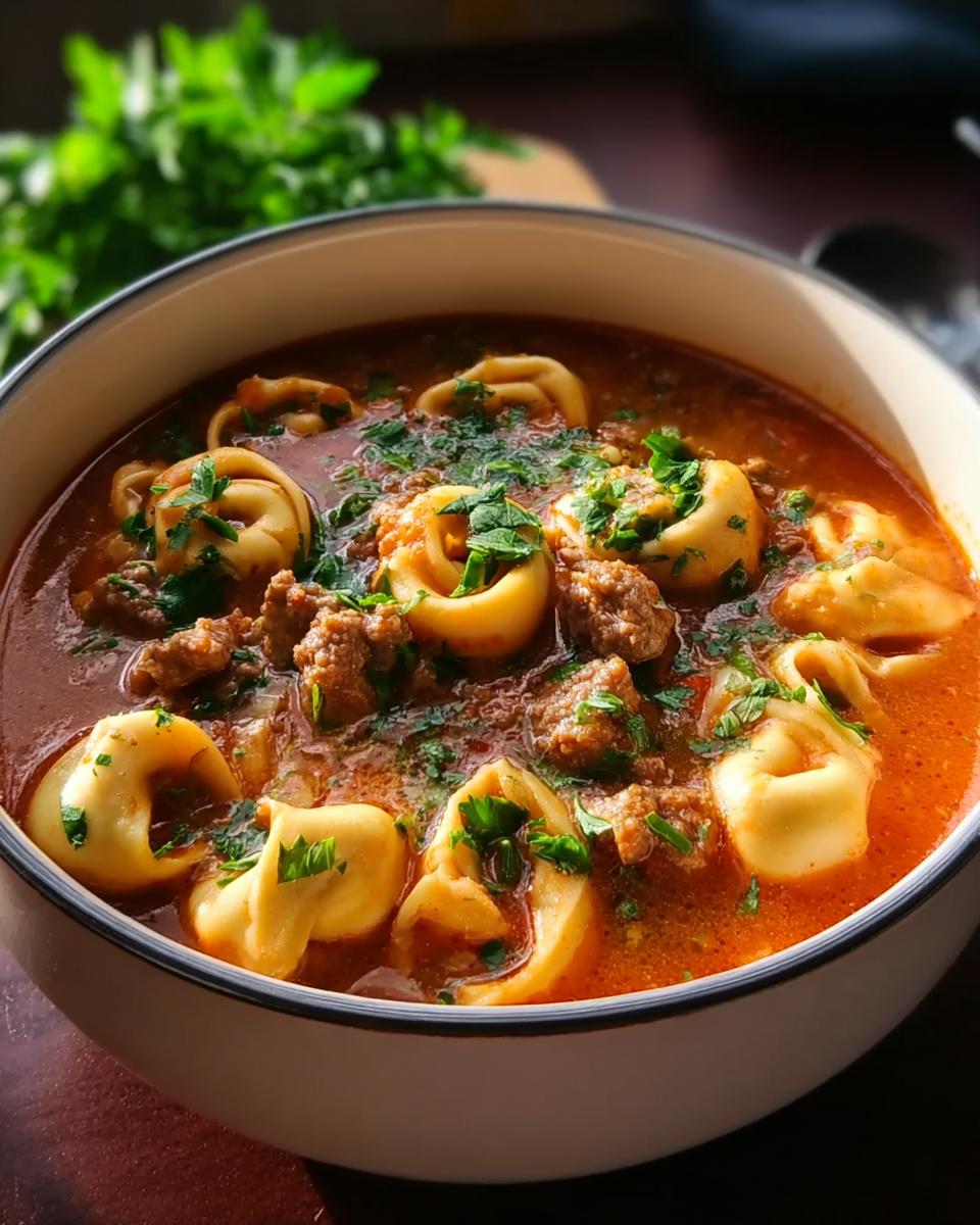Eine Nahaufnahme einer dampfenden Schüssel Tortellini Suppe mit Hackfleisch und frischer Petersilie garniert.