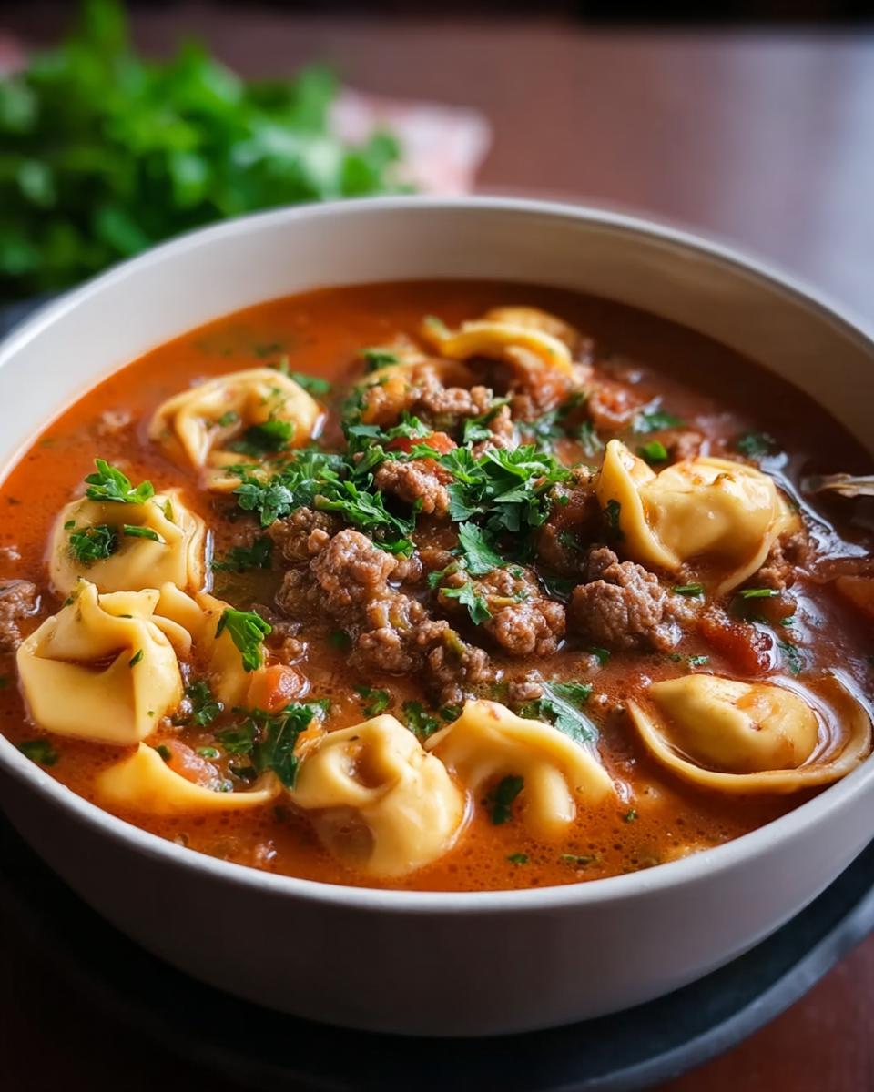 Eine dampfende Schüssel herzhafter Tortellini Suppe mit Hackfleisch, garniert mit frischer Petersilie.