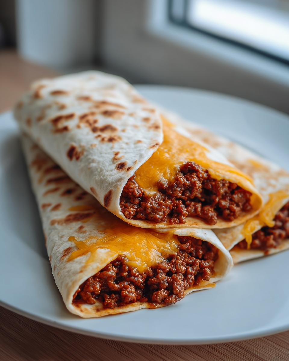 Zwei gerollte Tortillas gefüllt mit würzigem Hackfleisch und geschmolzenem Käse. Tortilla mit Hackfleisch schmeckt so lecker.