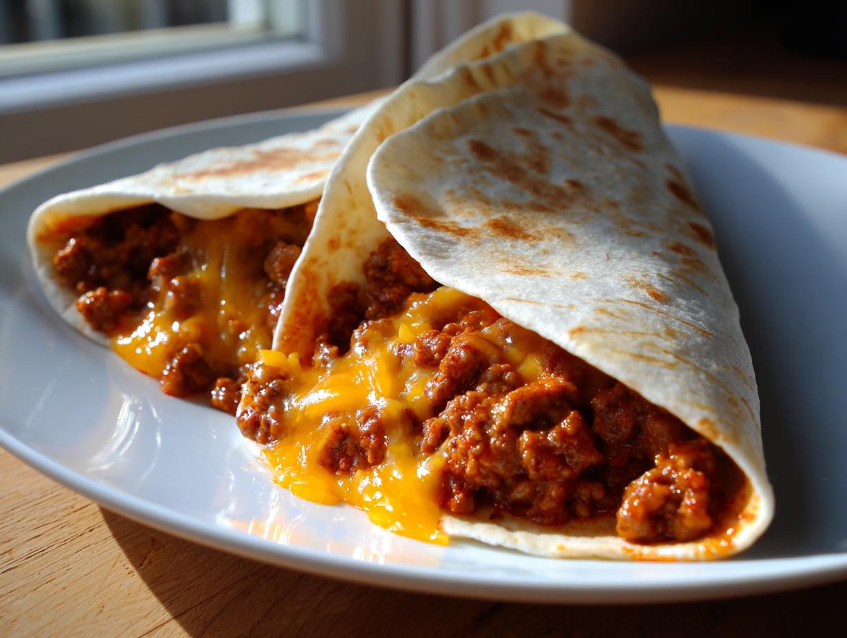 Zwei gefüllte Tortillas mit würzigem Hackfleisch und geschmolzenem Käse, die Tortilla mit Hackfleisch schmeckt so lecker.