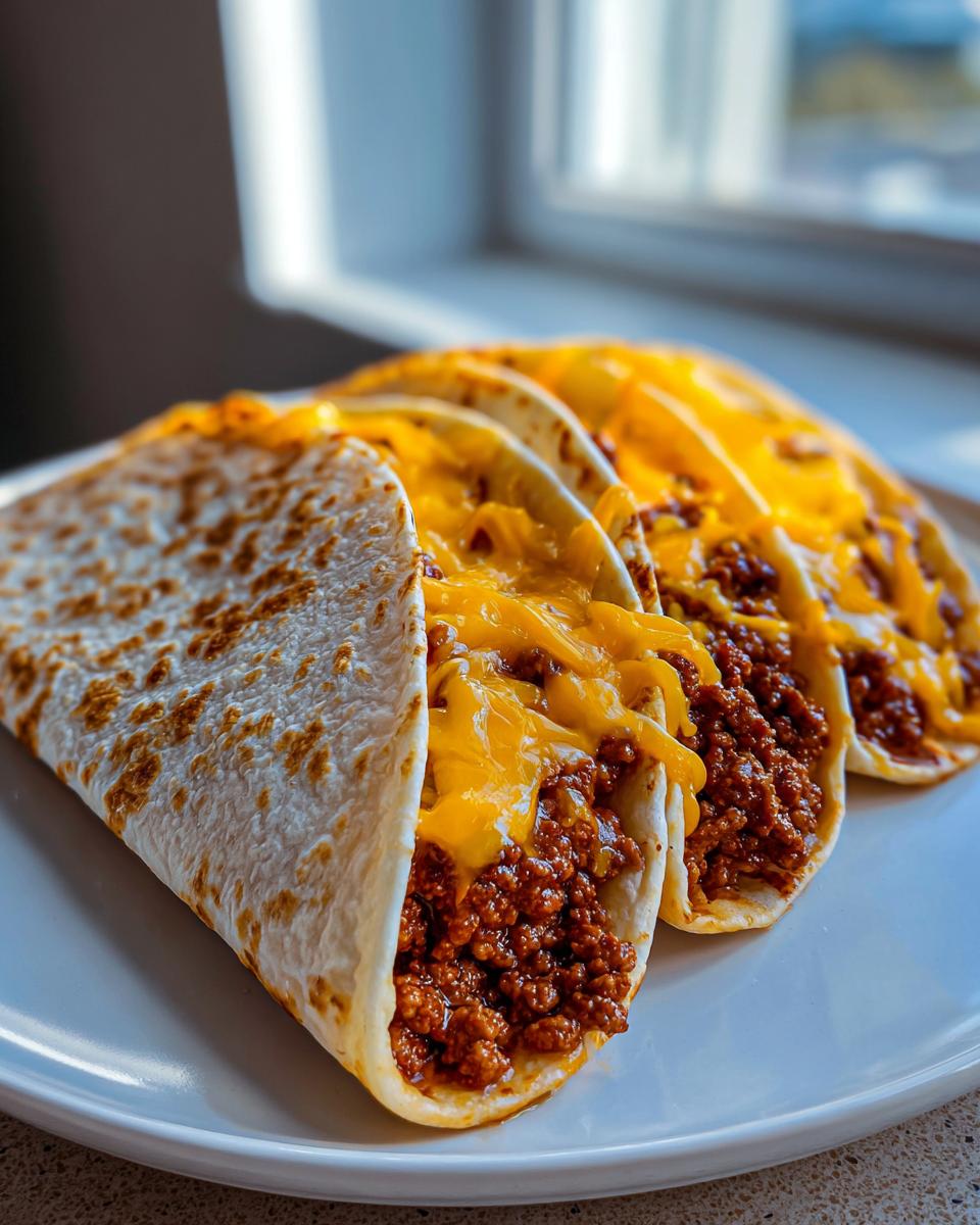 Nahaufnahme von gefalteten Tortillas gefüllt mit gewürztem Hackfleisch und geschmolzenem Cheddar-Käse – Tortilla mit Hackfleisch.
