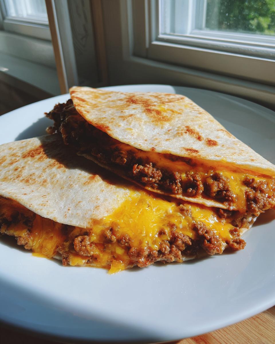 Zwei Hälften einer Tortilla mit Hackfleisch und geschmolzenem Käse, die lecker aussehen.