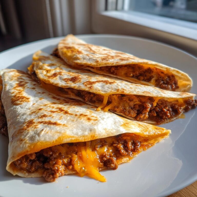 Drei gefaltete Tortillas gefüllt mit würzigem Hackfleisch und geschmolzenem Käse, die zeigen, wie lecker Tortilla mit Hackfleisch schmeckt.