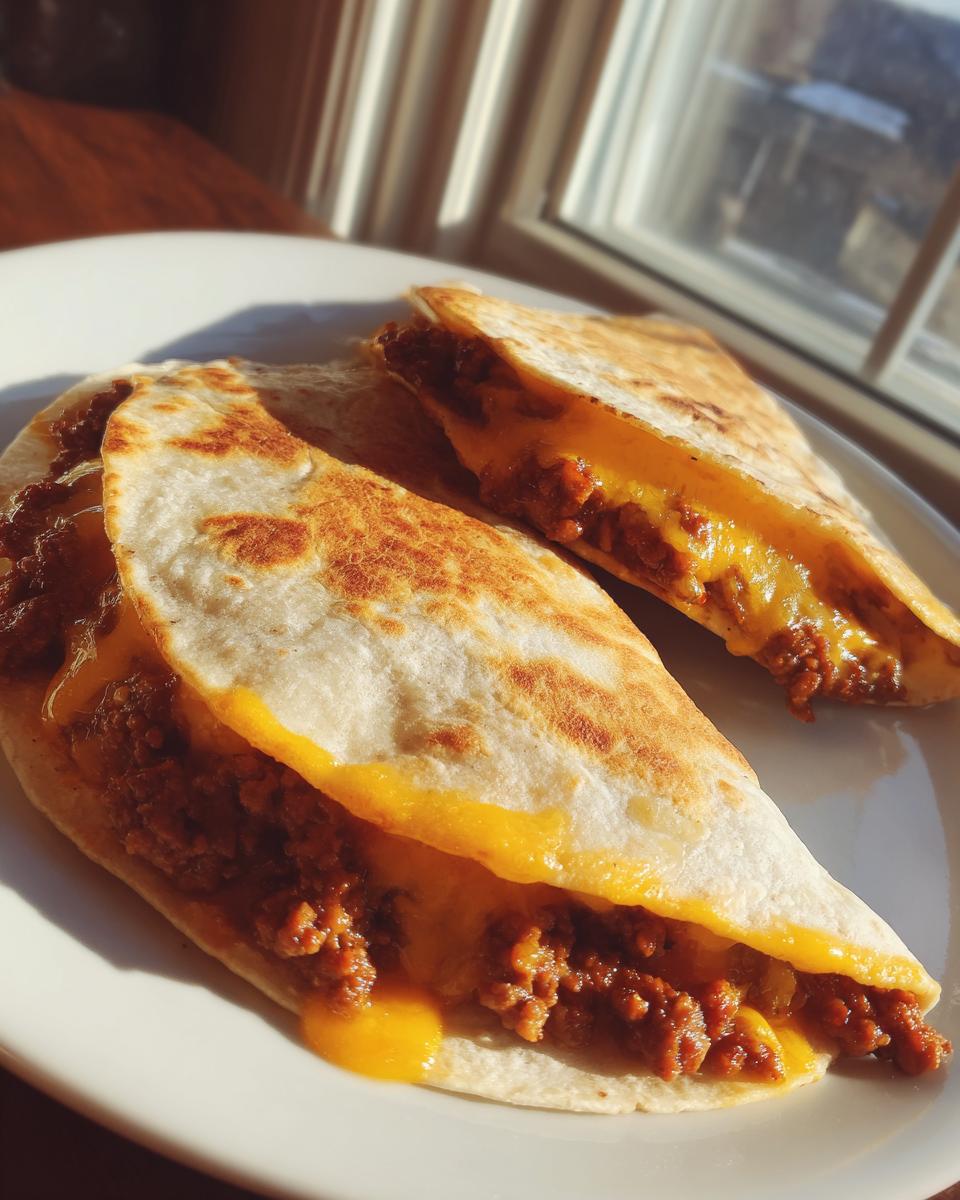 Zwei Hälften einer Tortilla mit Hackfleisch und geschmolzenem Käse, die auf einem weißen Teller liegen.