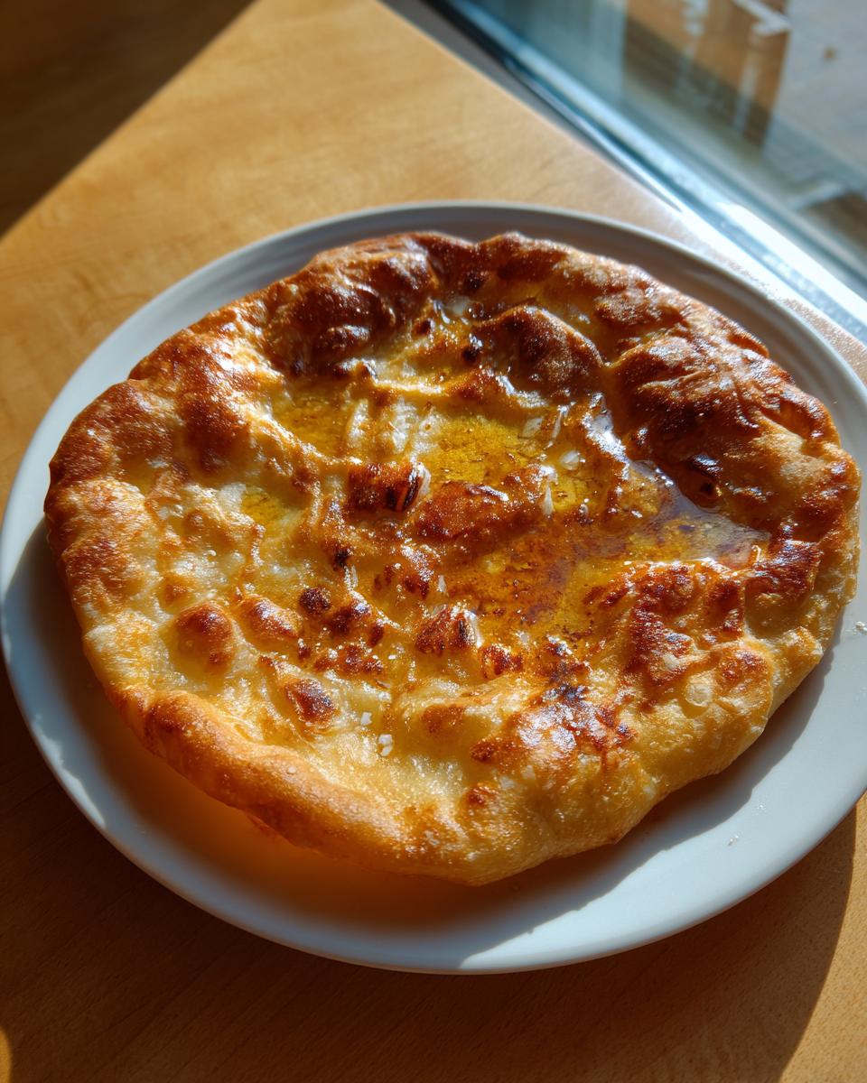 Eine goldbraun frittierte Ungarische Langos mit Knoblauch, glänzend von Öl oder Knoblauchbutter, auf einem weißen Teller.