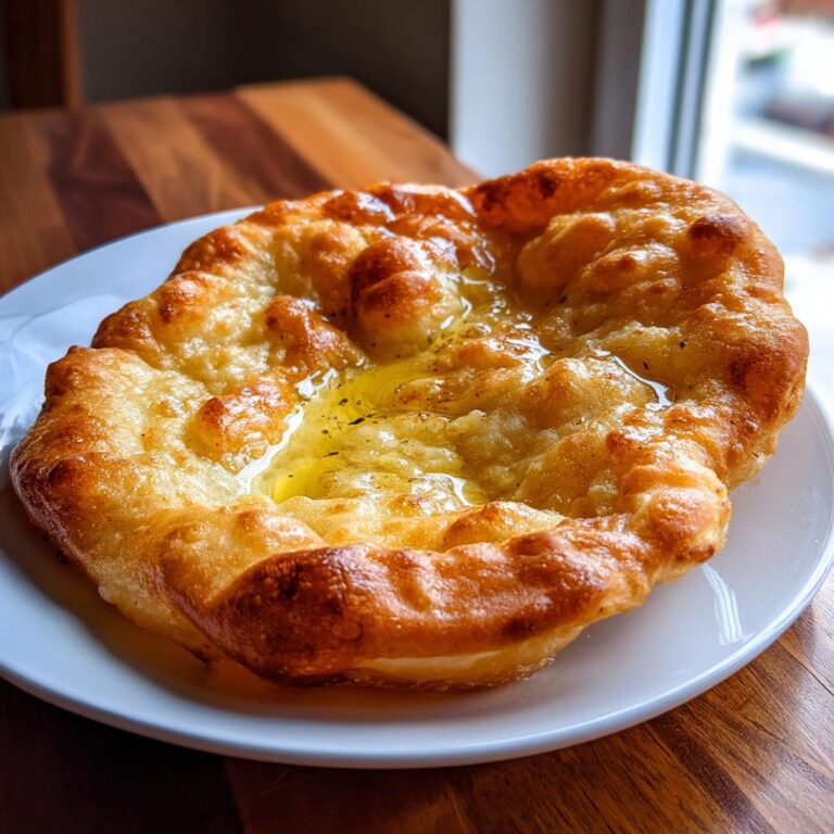Nahaufnahme einer frisch frittierten Ungarische Langos mit Knoblauch, bedeckt mit zerlassener Butter oder Öl.