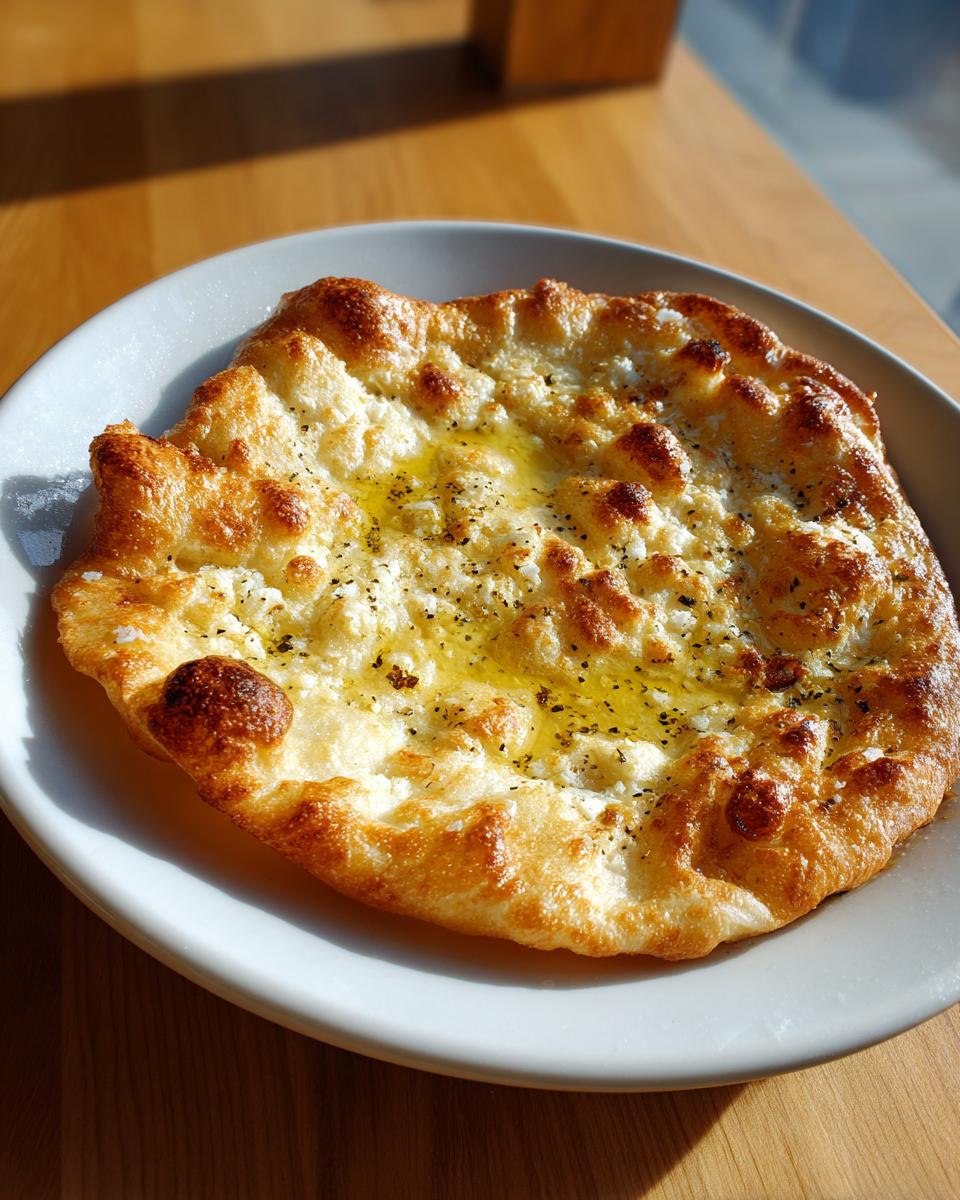 Eine goldbraun gebackene Ungarische Langos mit Knoblauchöl und Gewürzen auf einem weißen Teller.