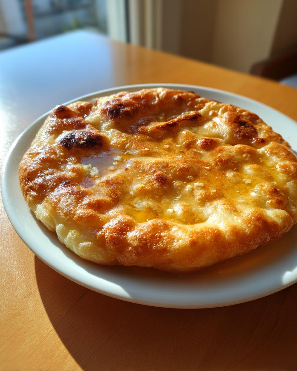 Eine goldbraun gebackene Ungarische Langos mit Knoblauch auf einem weißen Teller, glänzend von Öl oder Knoblauchbutter.