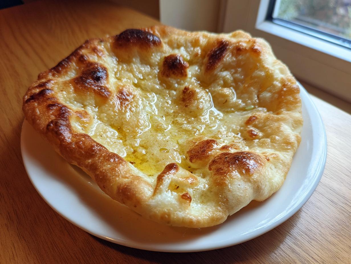 Eine frisch frittierte Ungarische Langos mit Knoblauch auf einem weißen Teller, glänzend von Knoblauchöl.