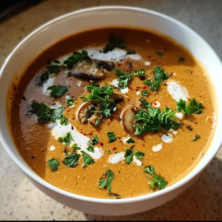Nahaufnahme einer cremigen Ungarische Pilzsuppe, garniert mit frischen Pilzscheiben, Petersilie und einem Klecks Sauerrahm.