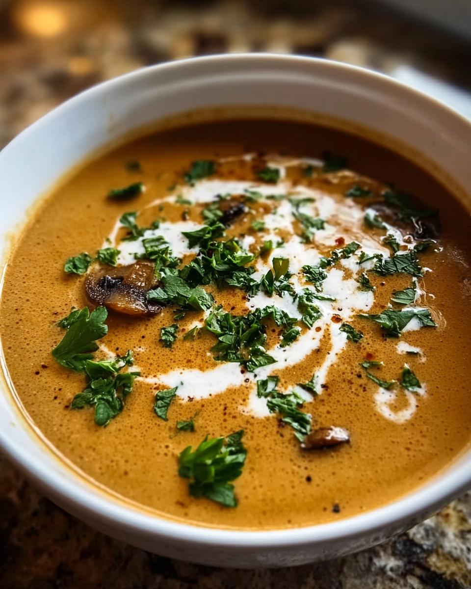 Nahaufnahme einer cremigen Ungarische Pilzsuppe Eine schmackhafte Suppe für kalte Tage, garniert mit einem Klecks Sahne und frischer Petersilie.