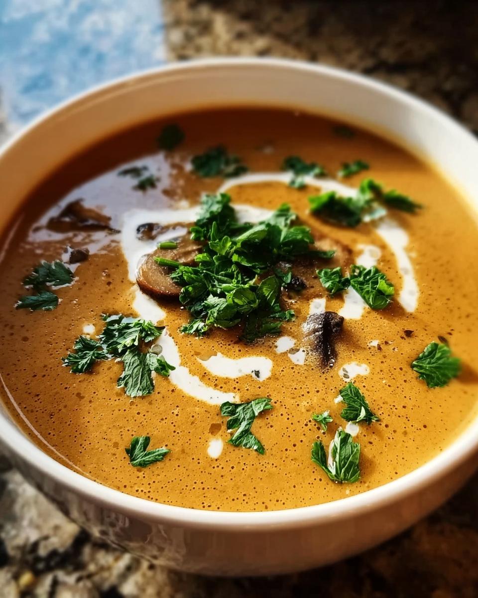 Nahaufnahme einer cremigen Ungarische Pilzsuppe mit einem Klecks Sahne und frischer Petersilie.