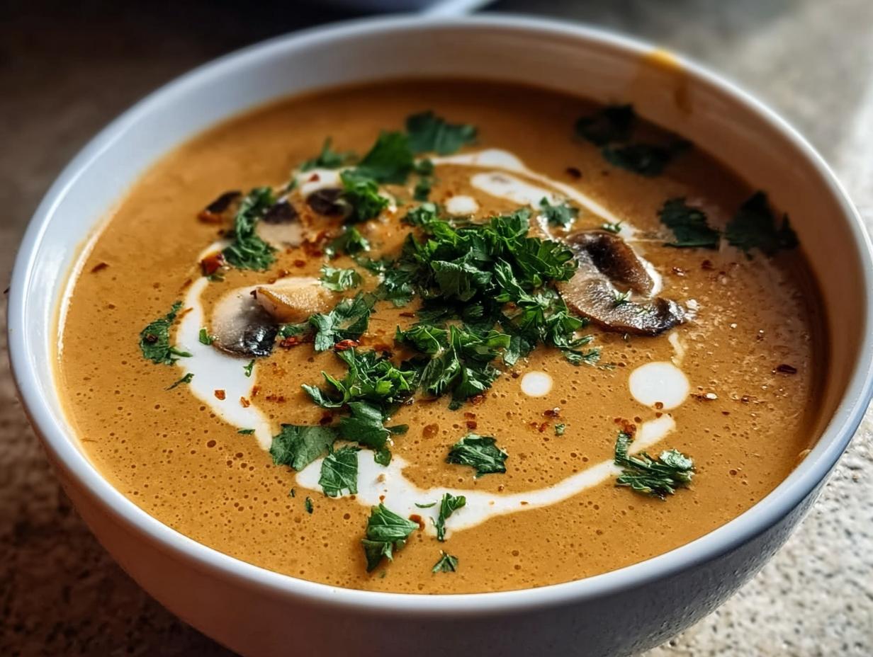 Nahaufnahme einer cremigen Ungarische Pilzsuppe, garniert mit frischer Petersilie und Pilzscheiben.