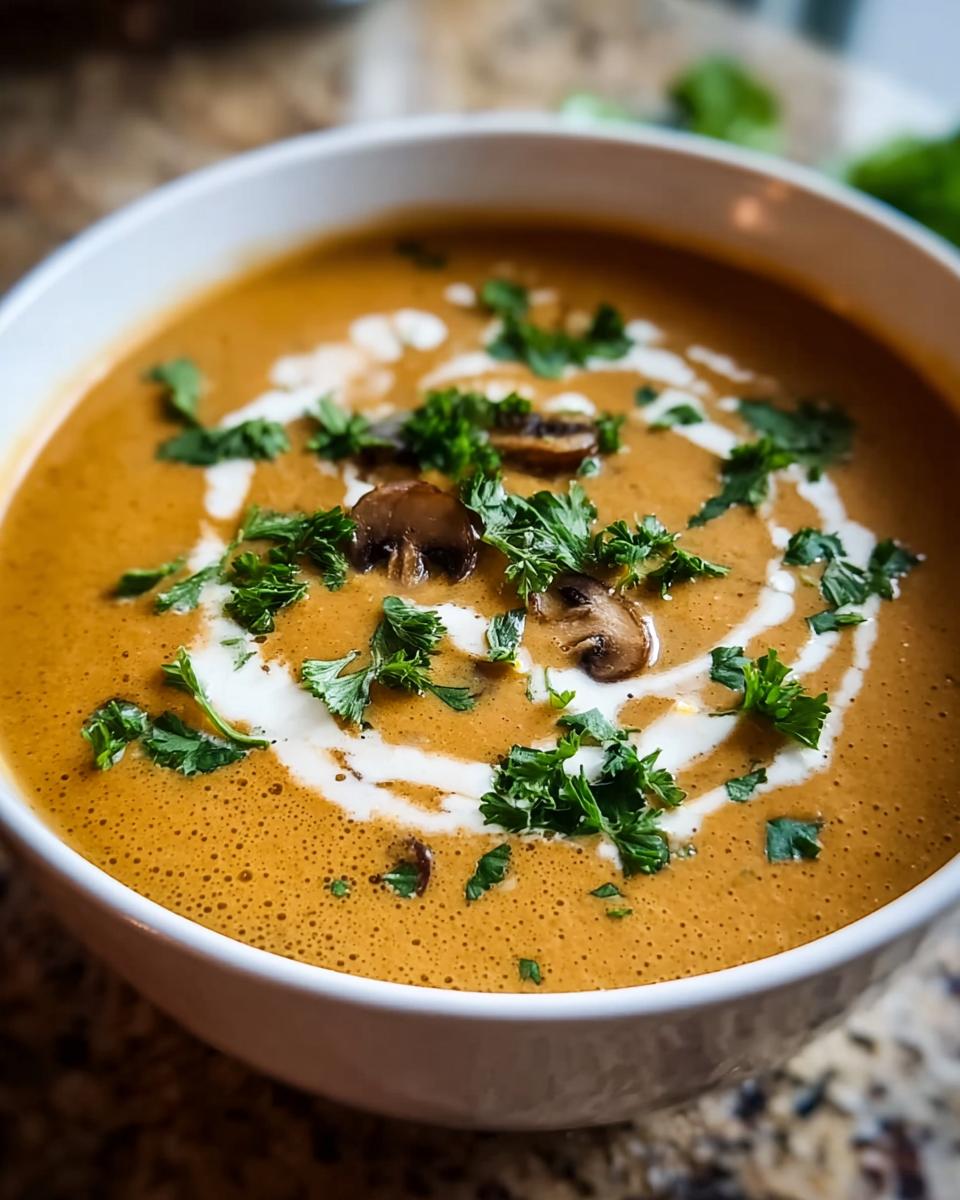 Nahaufnahme einer cremigen Ungarische Pilzsuppe in einer weißen Schüssel, garniert mit Pilzscheiben, Petersilie und einem Sahnewirbel.