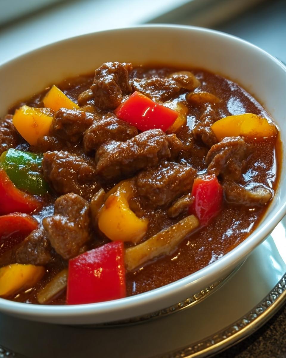 Nahaufnahme von Unser bester Schaschliktopf mit saftigen Fleischstücken und bunten Paprikastreifen in dunkler Sauce.