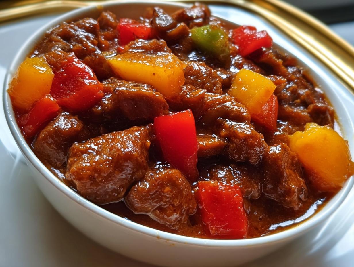 Nahaufnahme von Unser bester Schaschliktopf mit Fleischstücken und bunten Paprikawürfeln in einer weißen Schüssel.