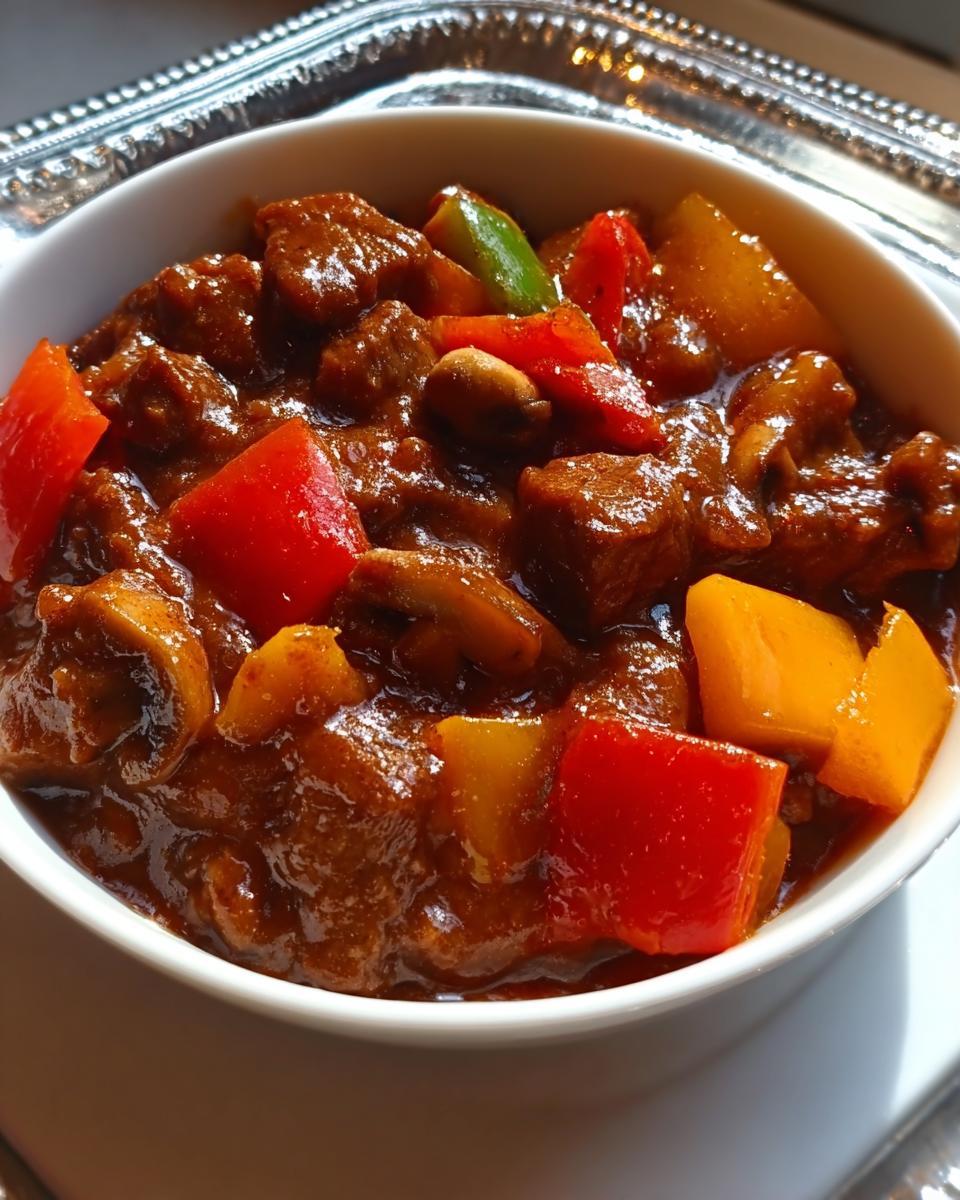 Nahaufnahme von Unser bester Schaschliktopf mit Fleischstücken und bunten Paprikawürfeln in einer dunklen Soße.