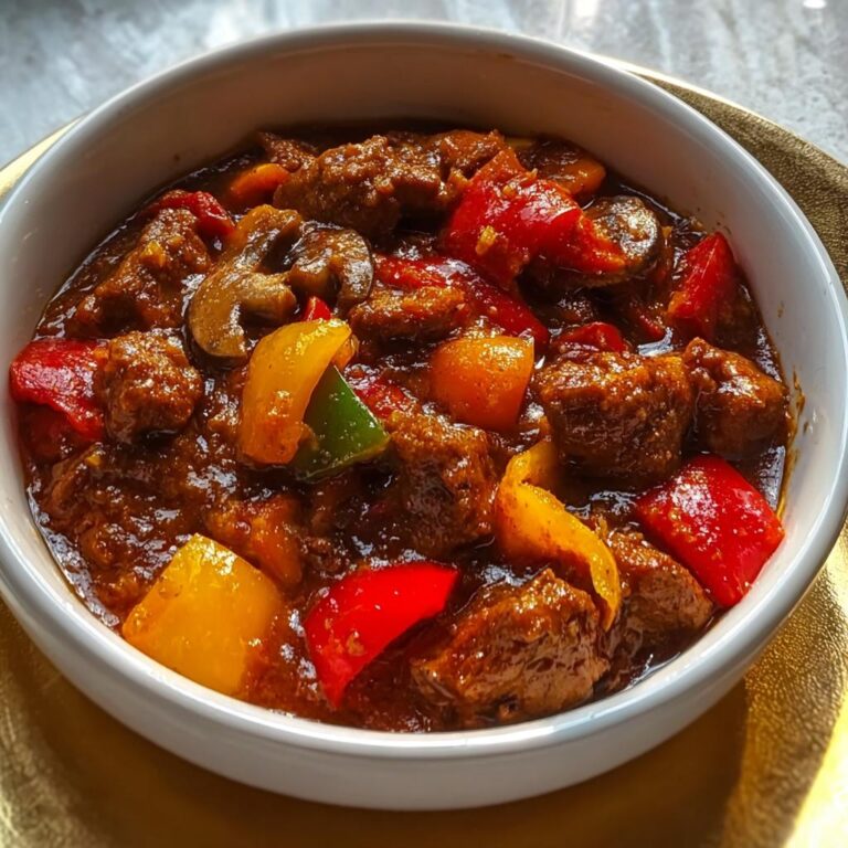 Nahaufnahme von Unser bester Schaschliktopf wie damals in einer weißen Schüssel, reich an Fleischstücken, roten, gelben und grünen Paprika.