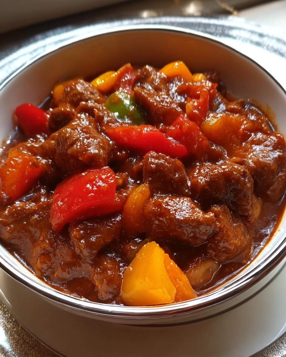 Nahaufnahme von Unser bester Schaschliktopf wie damals in einer Schüssel mit Fleischstücken und bunten Paprikawürfeln.